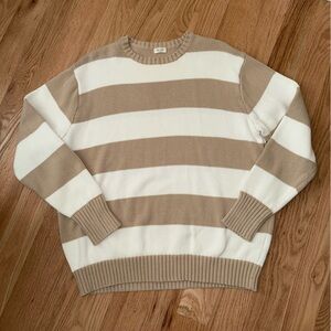 John Galt 100% Cotton Striped Tan White Crewneck Knit Fisherman Sweater OS